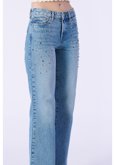 Wide Leg Kalıp Cep Altı Taş Detay Denim Pantolon-a.mavi Açık Mavi