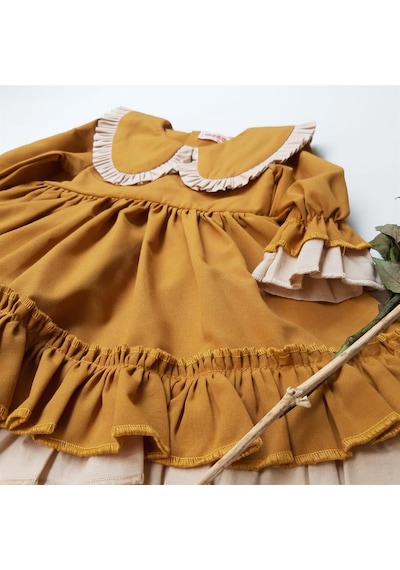 ikokokids Hardal Kız Bebek Bebe Yaka Fırfırlı Elbise