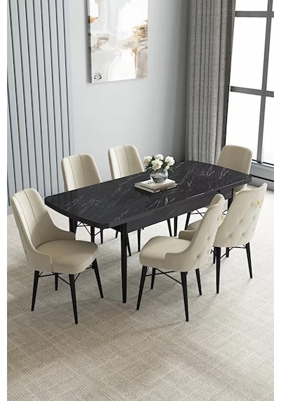 Loft Siyah Mermer 80x132 Açılabilir Mdf Masa Yemek Odası Takımı, Mutfak Takımı 6 Sandalye Krem Loft Siyah Mermer 80x132 Açılabilir Mdf Masa Yemek Odası Takımı, Mutfak Takımı 6 Sandalye Krem