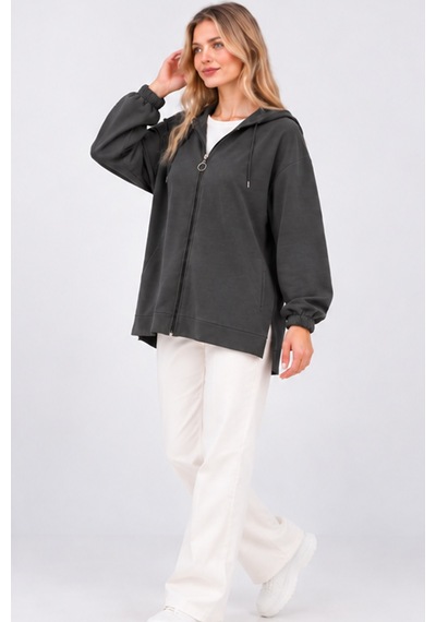 Fiolin Kristal 2 İplik Salaş Fermuarlı Sweatshirt Füme