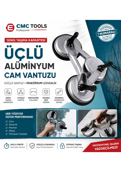 Alüminyum Cam Vantuzu Üçlü Kol 120 Kg Taşıma Kapasitesi Kodu :cmc-7093