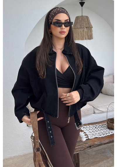 Blanco Kadın Kemer Detaylı Kot Ceket Oversize Fermuarlı Denim Ceket Siyah Siyah