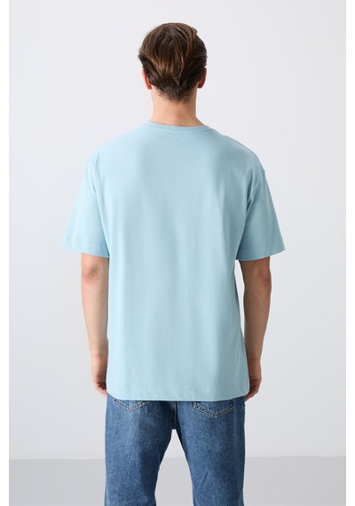Tommy Life Açık Mavi Pamuklu Kalın Yumuşak Dokulu Oversize Fit Baskılı Erkek T-shirt - 88330 Açik Mavi
