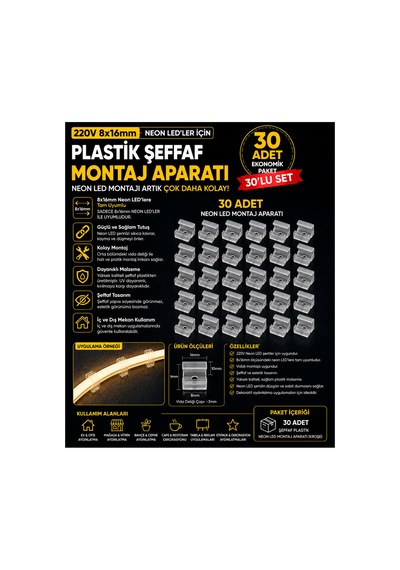 30 Adet Neon Led Tutucu Klips 1 Vidalı Duvar Aparatı,bağlantı Montaj Aparatı,kroşe,plastik Şeffaf Montaj Aparatı