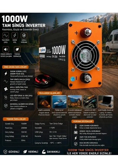 Lisinya 1000w Tam Sinüs İnverter 12v Dc 220v Ac Çevirici Usb Çıkışlı Araç Karavan Solar Güç Dönüştürücü Lisinya