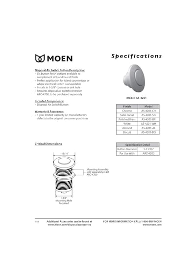 Moen As-4201-nl Çöp Bertaraf Hava Anahtarı Koordinasyon Dekoratif