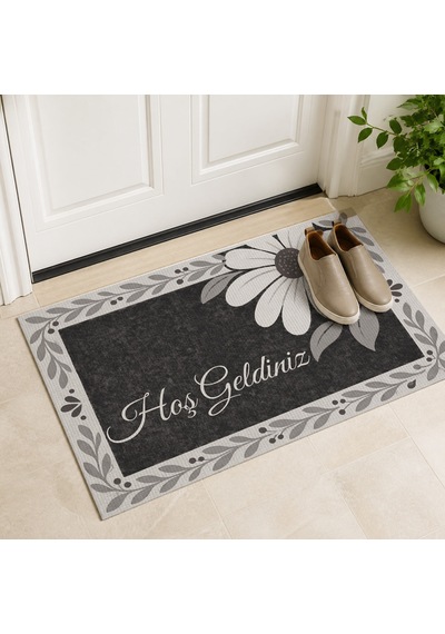 Kartela Halı Hoş Geldiniz Yazılı Papatyalı Kapı Paspası Antrasit Kaymaz Kauçuk Taban 50x75 Cm