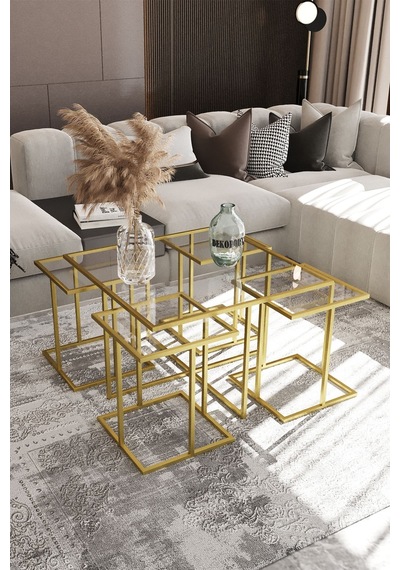 Dekoport Atlas 4+1 Kare Orta Sehpa Gold