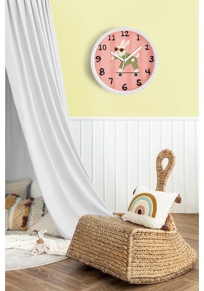 Güneş Gözlüklü Kaykay Yapan Sevimli Tavşan Çocuk Odası Modern Duvar Saati - 42cm - Önü Camlı Beyaz