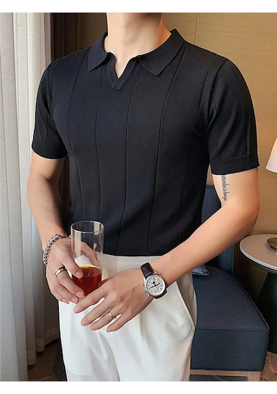 Erkek Çizgili Kısa Kollu Triko T-shirt Siyah
