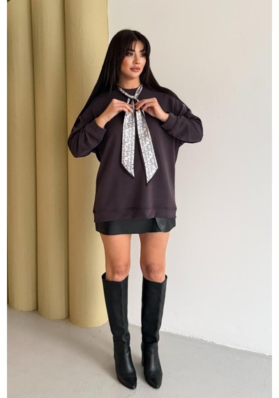 Balenbi Premium Modal Fular Detaylı Bisiklet Yaka Oversize Tunik 1177 Kahverengi