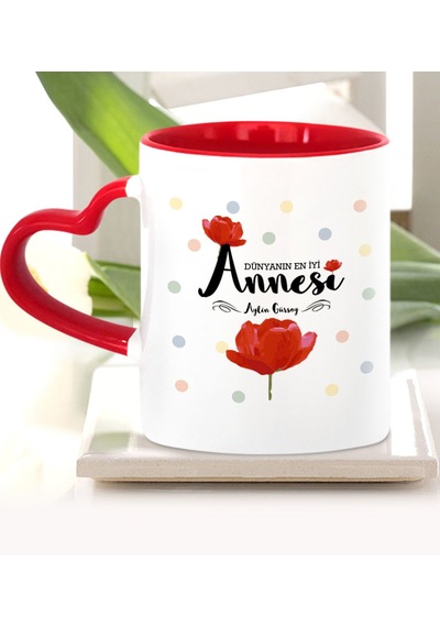 Kişiye Özel Dünyanın En Iyi Annesi Kırmızı Kalpli Kupa Bardak - 1 N11.11813