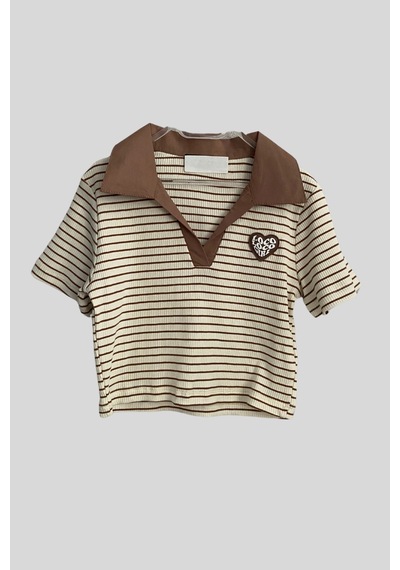 Turuncu Gardrop 8-14 Yaş Polo Yaka Çizgili Crop Cappuccino Sütlü Kahve