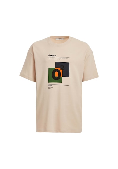 Grimelange Prısmatıc Erkek %100 Organik Pamuklu Özel Kalın Dokulu Nefes Alabilir Oversize Baskılı Bej T-shirt