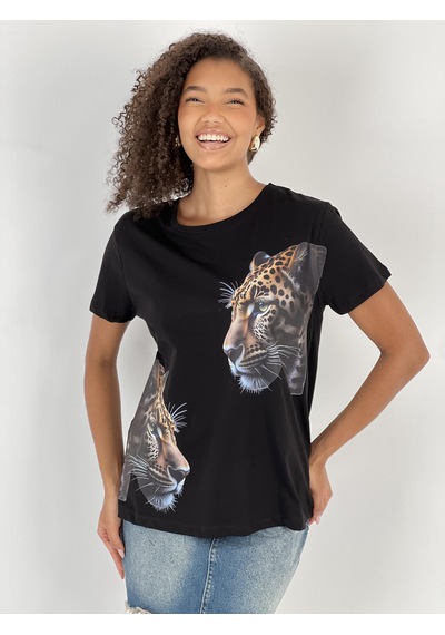 Kadın Leopar Desenli Siyah Tişört Siyah