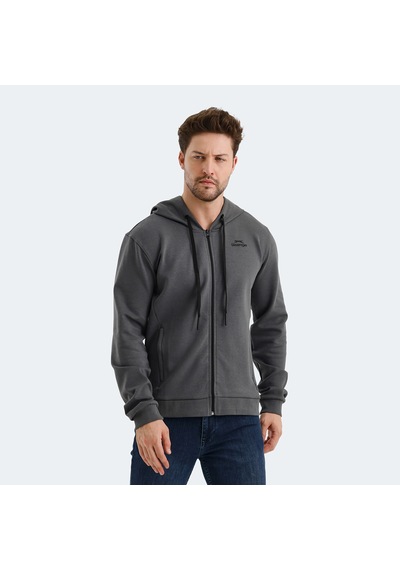 Slazenger VENDA Erkek Fermuarlı Kapüşonlu Cepli Koyu Gri Sweatshirt