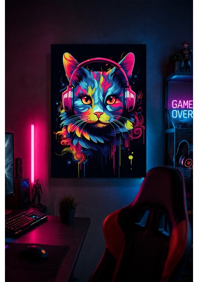 Kulaklıklı Kedi Metal Duvar Tablosu Neon Gamer Oda Dekoru 30x40 Cm A3 Boyutunda