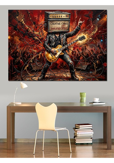 Amfi Kafalı Gitarist Rock Konseri Dekoratif Kanvas - Mdf Ahşap Tablo