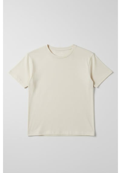 Luess Unisex Çocuk Pamuklu Bisiklet Yaka Basic Tişört 3 Yaş - 7 Yaş Ekru