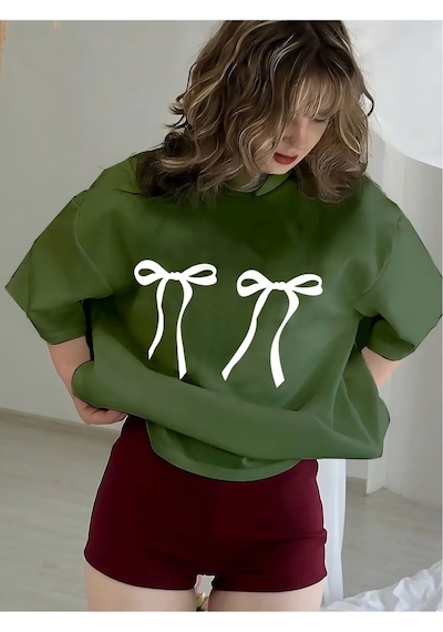 Kadın Çift Kurdele Baskılı Bisiklet Yaka Tshirt Yeşil