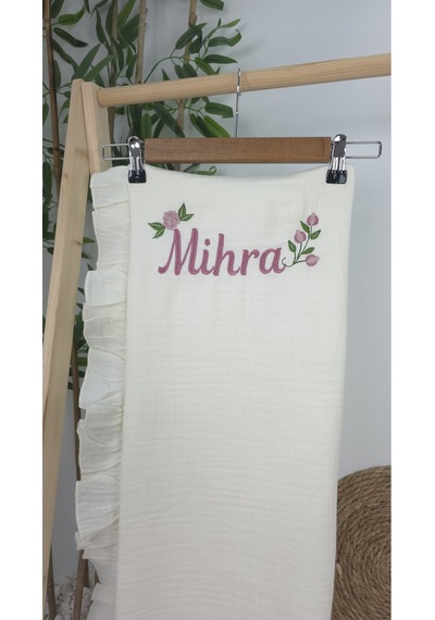 Gros Shop Müslin Yeni Doğan 4katlı Organik %100pamuk Kişiye Özgü Nakışlı Hastane Çıkış Seti Güllü Mode-3 Ekru-2