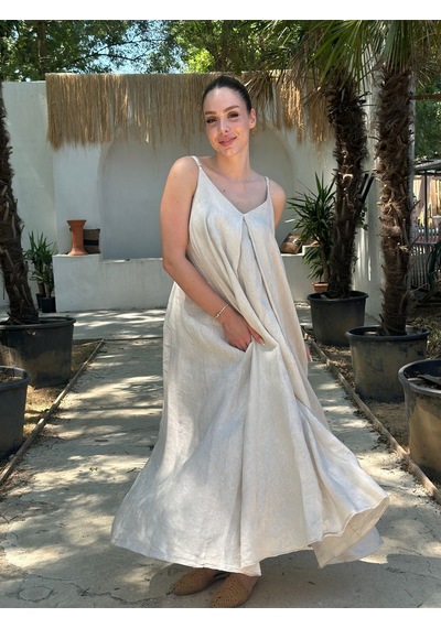 Yazlık Keten Askılı Oversize Elbise Bej