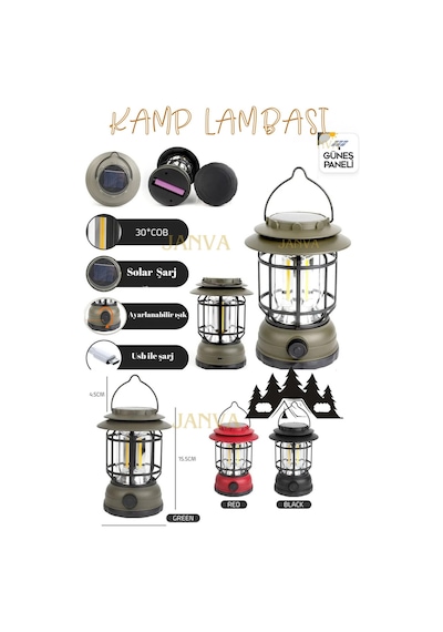 Janva Nostaljik ışığı ayarlanabilir Şarjlı Ledli Kamp Lambası Işıldak Fener 18650 şarjlı pilli Yeşil