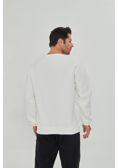 Pxm Dtf Digital Baskılı 3 Iplik Şardonlu Oversize Düz Desen Sweatshirt Beyaz Kırık Beyaz Kırık Beyaz