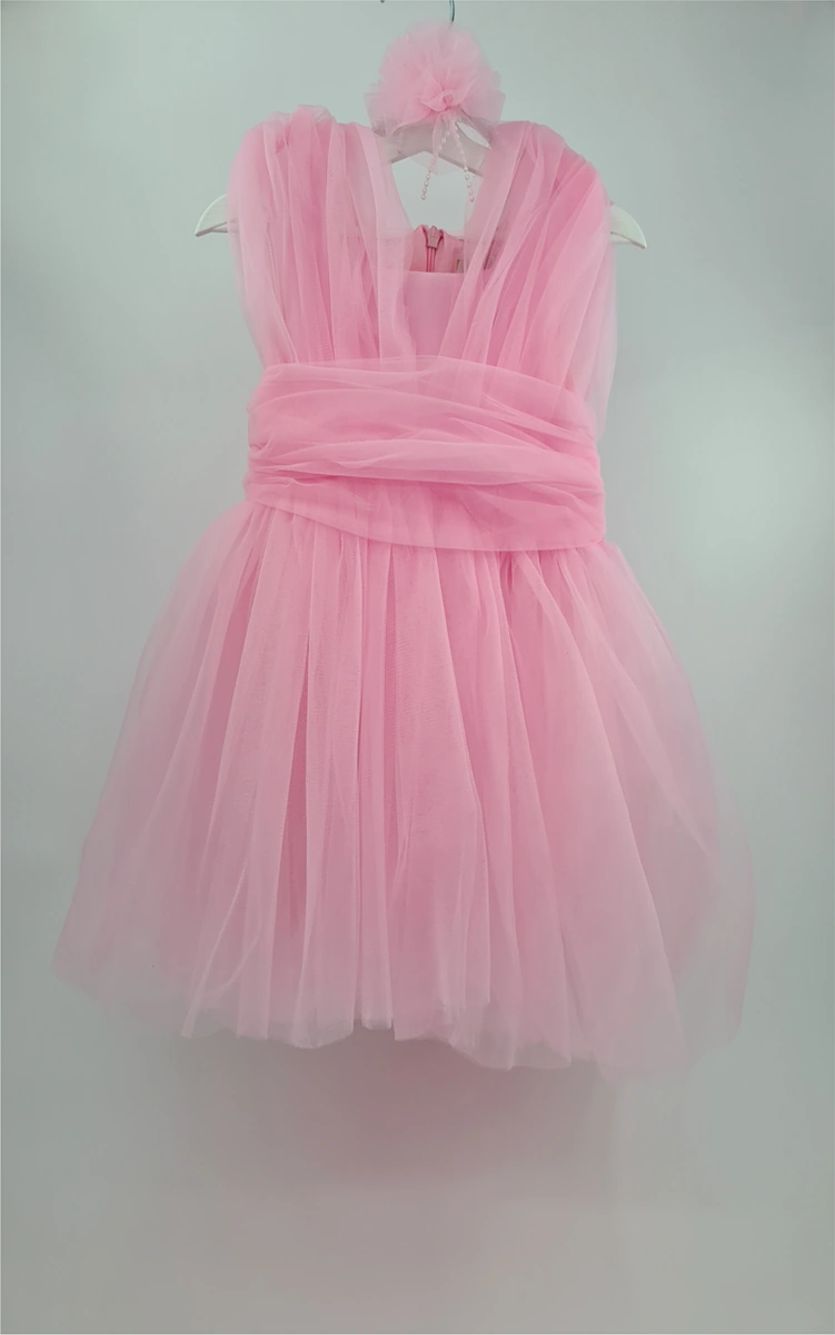 Kıpırık Baby Kız Bebek Pudra Tül Abiye Çiçek Taçlı Tül Elbise-1346 Pembe