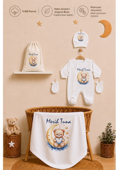 Pia Baby Erkek Bebek %100 Pamuk Hediye Seti 6 Lı İsimli Keseli Tulum Şapka Eldiven Battaniye Ve Yastık Kılıfı 1085tybk0x Krem