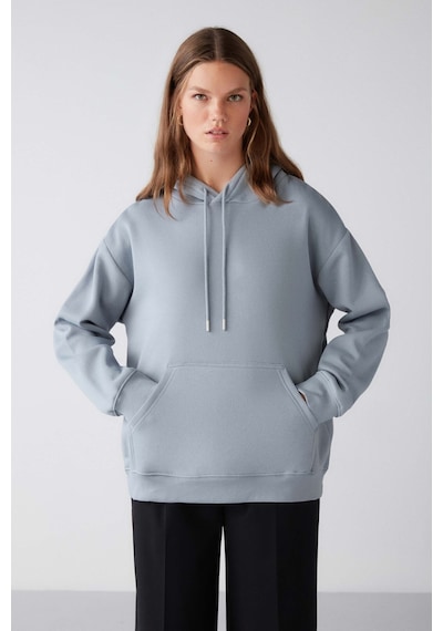 Grımelange Adel  Kadın Organik Pamuklu Içi Polarlı Yumuşacık Relaxed Kanguru Cepli Kapüşonlu Mavi Sweatshirt