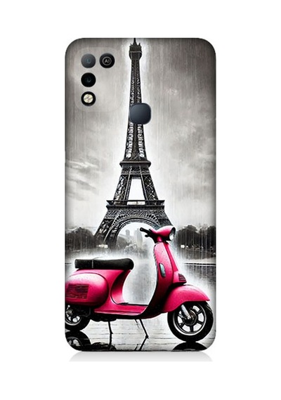 İnfinix Hot 11 Play Uyumlu Pembe Scooter Eyfel Önü Desenli Silikon Kılıf Çok Renkli