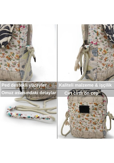 Cappadocia Vintage Kadın Çiçek Desenli Omuz Çantası - Bohem Tarz Mini El Ve Telefon Çantası Ekru