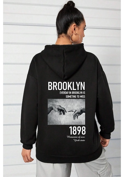 Unisex Oversize 1898 Brooklyn Baskılı Sweatshirt Siyah