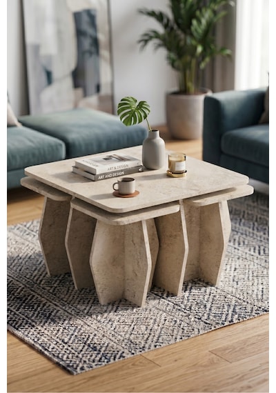 Vaveni Orta Sehpa Ve Zigon Sehpa 5'li Set Modern Çok Amaçlı Salon Oturma Odası Yan Sehpa 9249 Traverten Arz
