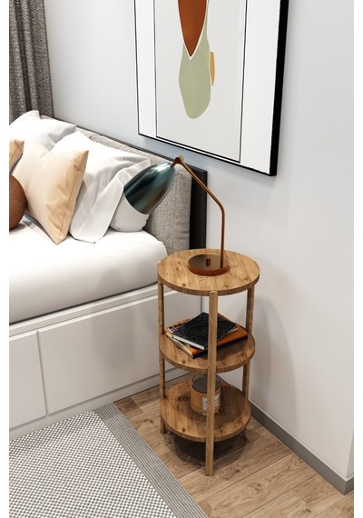 Atlantik Çam 3 Raflı Yuvarlak Tasarım Yan Sehpa - Modern Sunum Standı Ahşap
