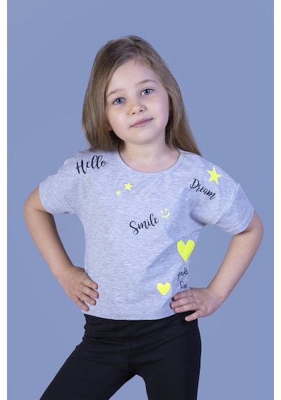 Toontoy Kids Toontoy Kız Çocuk Crop Model Neon Baskılı Tişört Gri Melanj