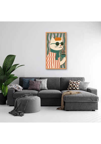 Gözlüklü Kahveci Kedi - Metal Tablo - Dec0329 36 X 65 Cm Çok Renkli