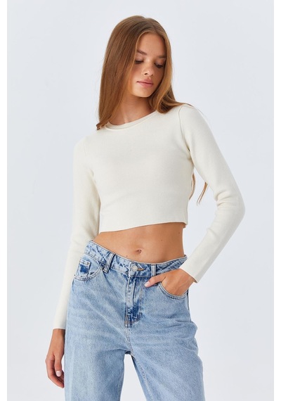 Mixray 6727 Kadın Bisiklet Yaka Crop Triko Kazak Naturel Naturel