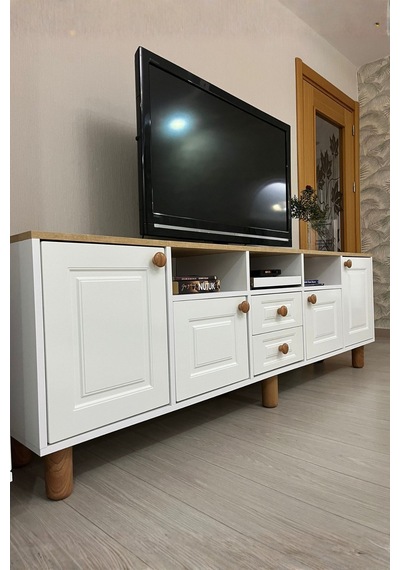 Life Tv Ünitesi Ve Kitaplık Seti %100 Mdf Beyaz - Meşe