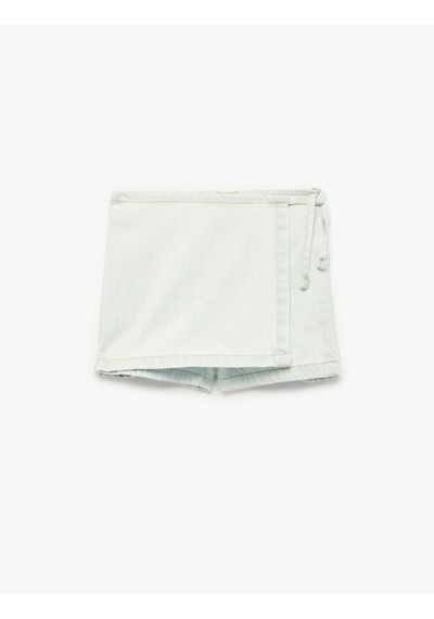 Koton Normal Bel Bağlama Detaylı Pamuklu Denim Şort Etek Lıght Indıgo 6smg40023ad Açık Mavi