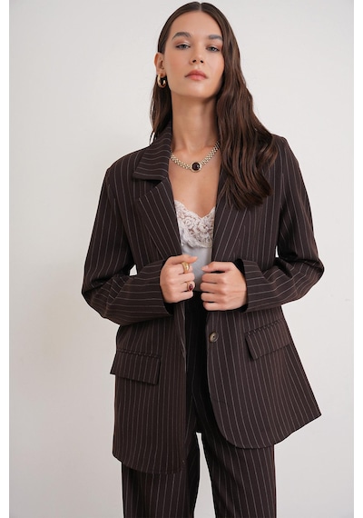 Mixray 4753 Kadın Çizgili Oversize Blazer Ceket Kahve