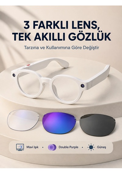 Mey İthalat Beyaz Akıllı Kamera Gözlüğü Fotoğraf Video Çekimli Yapay Zeka Destekli Bluetooth Çoklu Dil Çevi