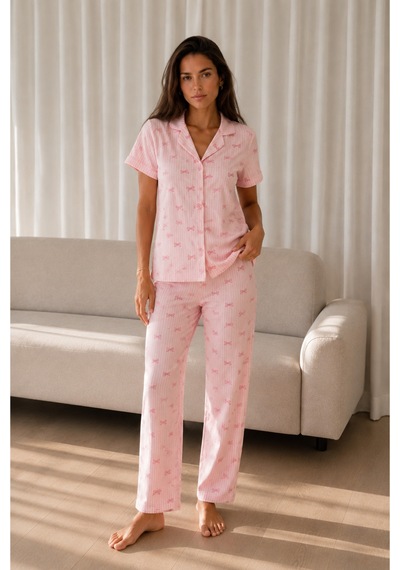 Kadın Loose Uzun Paça Pamuk Pembe Pijama Takımı