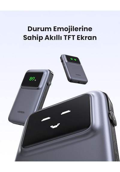Ugreen Uno Dahili Kablolu 10.000 Mah 30w Hızlı Şarj Powerbank, Siyah, 35603b Gri