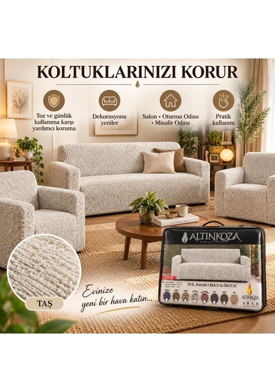 Altınkoza Koltuk Örtüsü - 3+3+1+1 Takım -%100 Pamuklu Esnek Streç Kumaş - Her Tip Kanepeye Uyumlu - Salon Oturma G Çok Renkli
