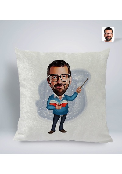 Bk Gift Kişiye Özel Erkek Öğretmen Karikatürlü Kare Araç Koltuk Yastığı-2 Çok Renkli