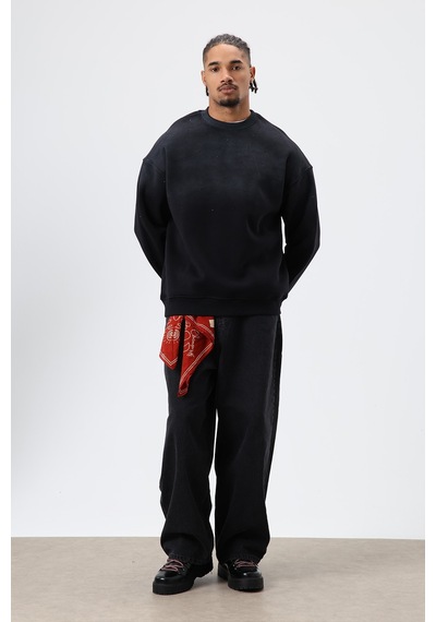 Vamos Yıkamalı Taş Detaylı Oversize Sweatshirt Siyah