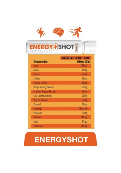 Energyshot 3 Lü Ginseng Complex, Guarana, Kafein, Taurin Ve Vitaminler İçeren Gıda Takviyesi 7 Shot