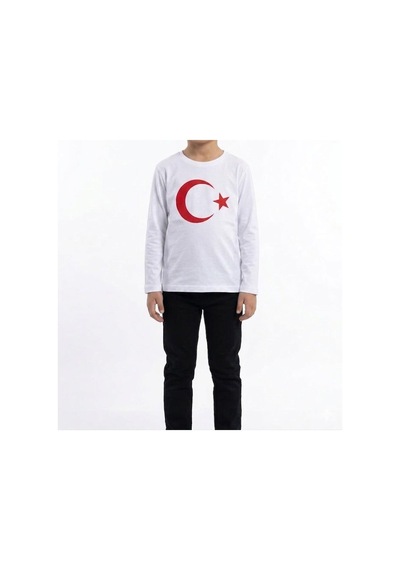 Es Eyüp Selda Erkek Çocuk Ay Yıldız Türk Bayraklı Uzun Kollu Tişört Beyaz